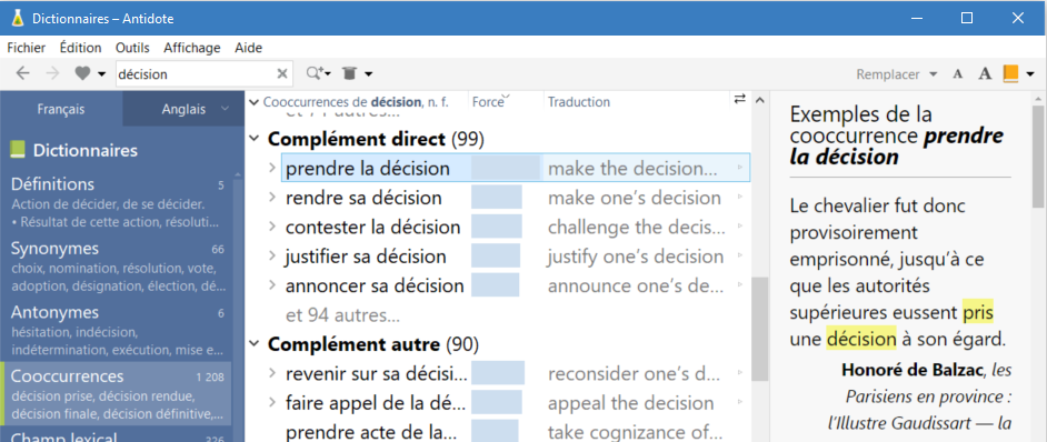 Image montrant le dictionnaire des cooccurrences dans la liste des dictionnaires d’Antidote