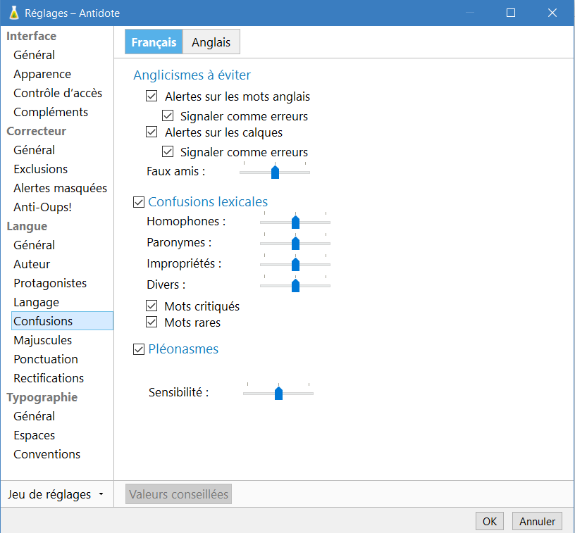 Image montrant le menu des « Réglages » dans Antidote