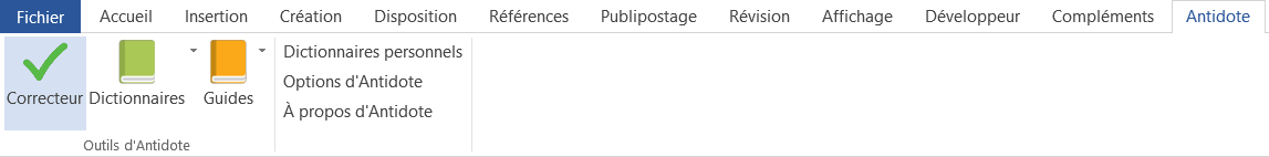 Image montrant comment ouvrir Antidote à partir du menu de Microsoft Word