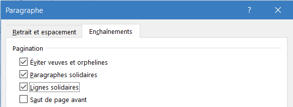 Image montrant l’onglet « Enchaînements » dans le menu « Paragraphe » Microsoft Word
