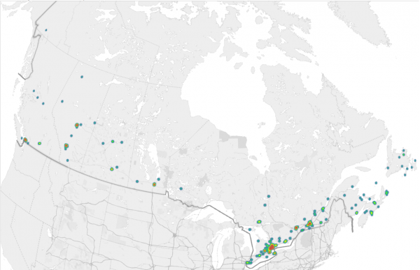Map of Canada showing locations of files within Canada