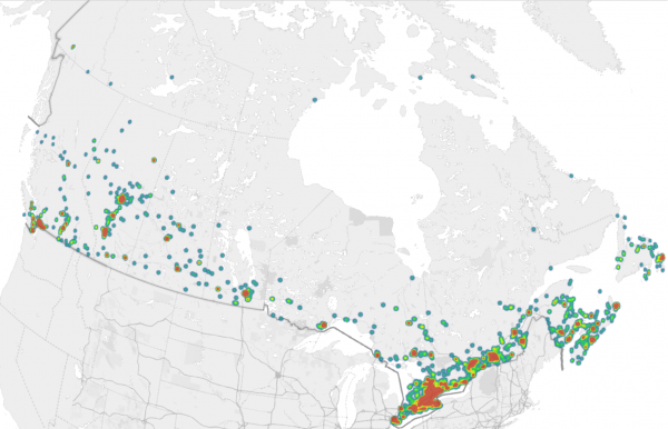map of Canada showing locations of files for the General Division